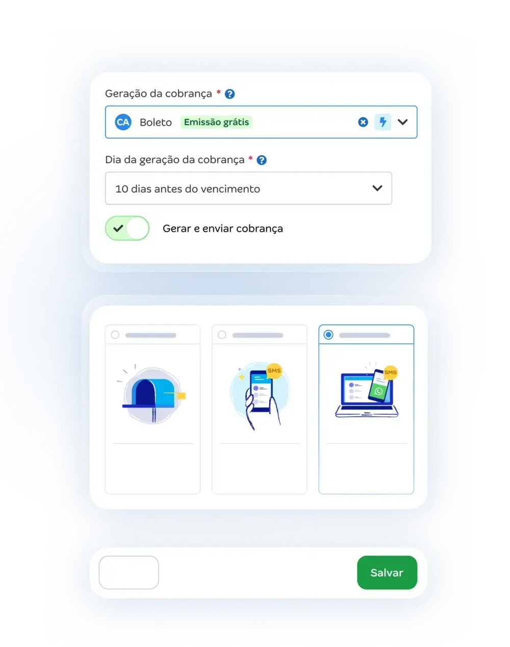Configuração de geração de cobrança no sistema de emissão de boletos grátis, com opções de envio automático e calendário de vencimento para facilitar o pagamento.