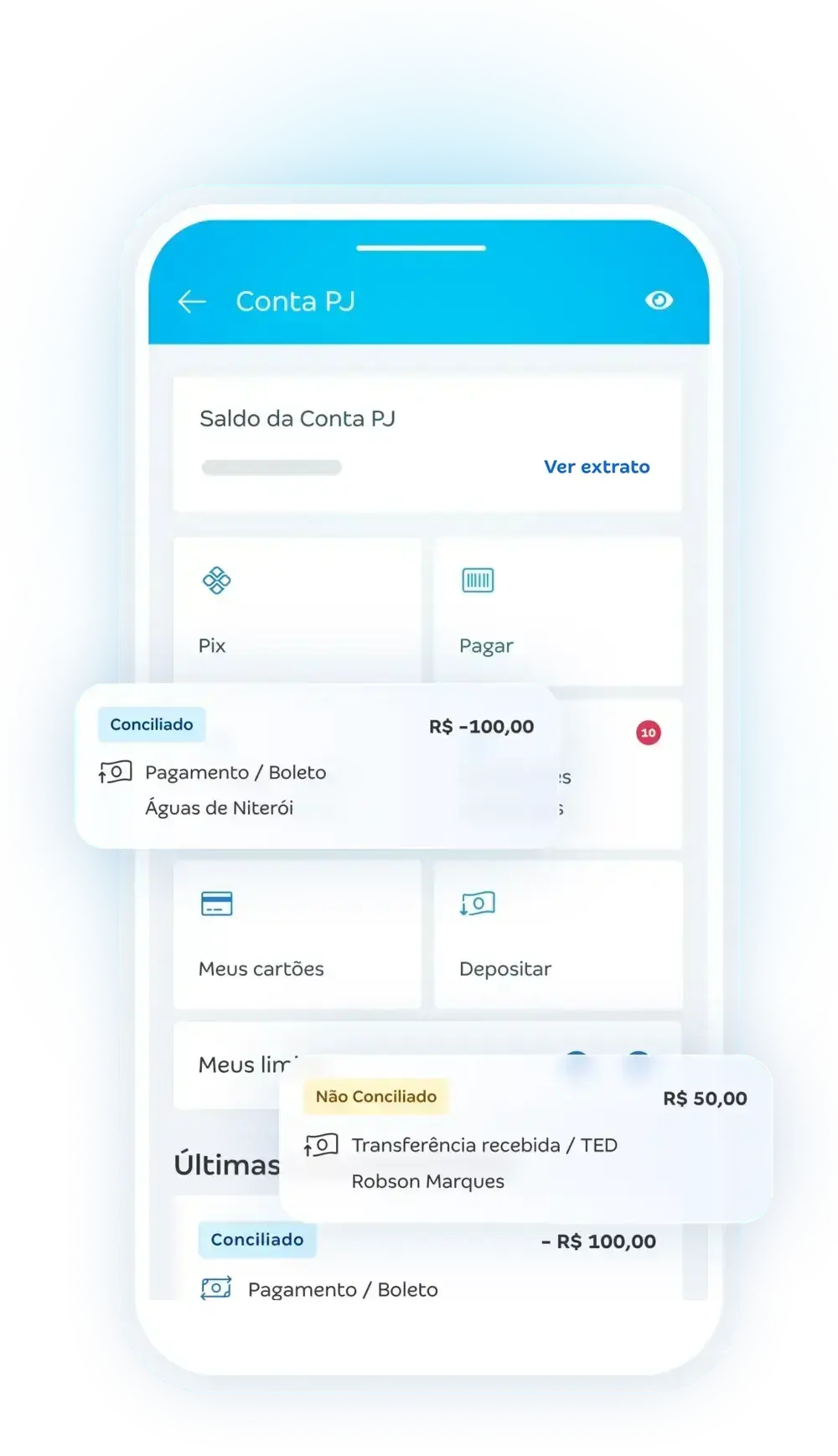 Imagem de um celular exibindo a tela de extrato de uma conta PJ, com detalhes de transações financeiras, saldo negativo, pagamentos e transferências.