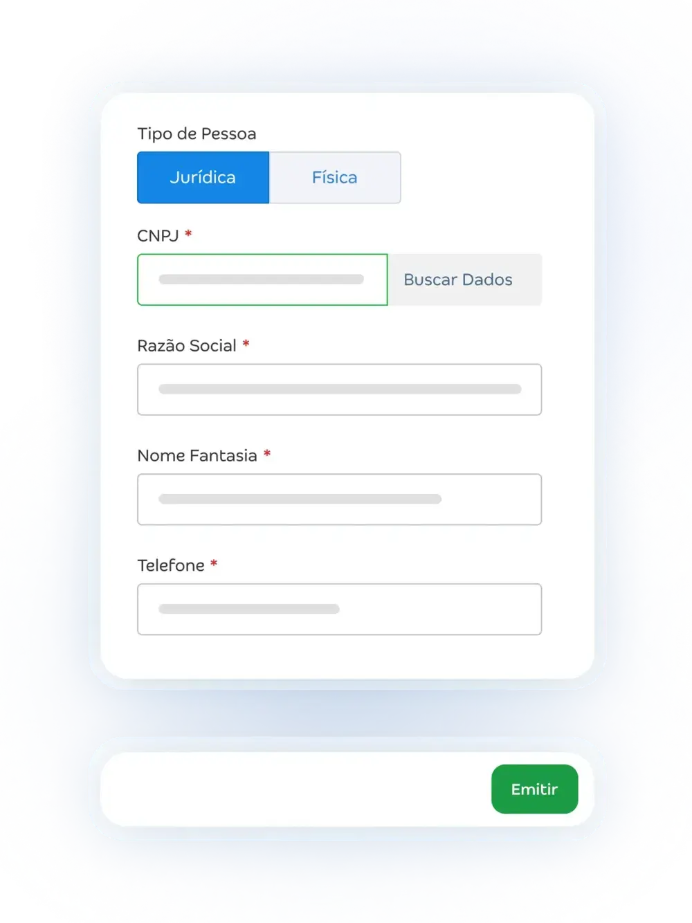 Imagem do formulário eletrônico para cadastro de pessoa física ou jurídica, com campos para CNPJ, razão social, nome fantasia e telefone.